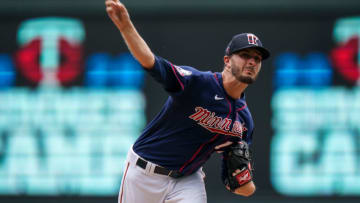 Jake Odorizzi #12 of the Minnesota Twins pitches during a summer camp workout on July 4, 2020 at Target Field in Minneapolis, Minnesota. (Photo by Brace Hemmelgarn/Minnesota Twins/Getty Images)