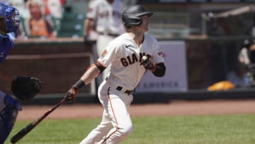 SAN FRANCISCO, CALIFORNIA - AUGUST 02: Mike Yastrzemski #5 of the San Francisco Giants bats against the Texas Rangers in the bottom of the fifth inning at Oracle Park on August 02, 2020 in San Francisco, California. (Photo by Thearon W. Henderson/Getty Images)