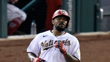 WASHINGTON, DC - AUGUST 04: Howie Kendrick #47 of the Washington Nationals runs the bases against the New York Mets at Nationals Park on August 4, 2020 in Washington, DC. (Photo by G Fiume/Getty Images)