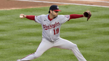 NEW YORK, NEW YORK - AUGUST 12: Anibal Sanchez #19 of the Washington Nationals delivers a pitch against the New York Mets during the first inning at Citi Field on August 12, 2020 in New York City. (Photo by Steven Ryan/Getty Images)