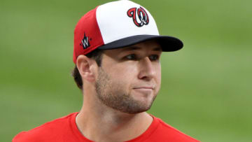 Carter Kieboom #8 of the Washington Nationals warms up before the game against the Baltimore Orioles at Oriole Park at Camden Yards on August 15, 2020 in Baltimore, Maryland. (Photo by G Fiume/Getty Images)
