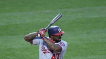 NEW YORK, NEW YORK - AUGUST 10: Howie Kendrick #47 of the Washington Nationals bats against the New York Mets during their game at Citi Field on August 10, 2020 in New York City. (Photo by Al Bello/Getty Images)