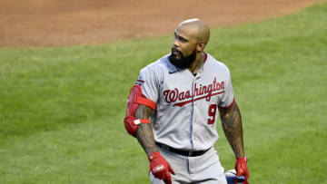 AUGUST 11: Eric Thames #9 of the Washington Nationals reacts against the New York Mets at Citi Field on August 11, 2020 in New York City. (Photo by Steven Ryan/Getty Images)