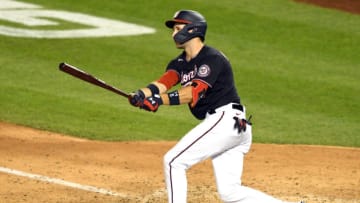 WASHINGTON, DC - AUGUST 21: Carter Kieboom #8 of the Washington Nationals takes a swing during a baseball game against the Miami Marlins at Nationals Park on August 21, 2020 in Washington, DC. (Photo by Mitchell Layton/Getty Images)