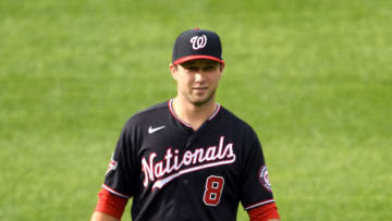 AUGUST 21: Carter Kieboom #8 of the Washington Nationals looks on before a baseball game against the Miami Marlins at Nationals Park on August 21, 2020 in Washington, DC. (Photo by Mitchell Layton/Getty Images)