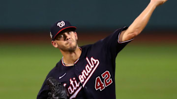 BOSTON, MASSACHUSETTS - AUGUST 28: Ben Braymer #42 of the Washington Nationals pitches against the Boston Red Sox during the ninth inning at Fenway Park on August 28, 2020 in Boston, Massachusetts. All players are wearing #42 in honor of Jackie Robinson Day. The day honoring Jackie Robinson, traditionally held on April 15, was rescheduled due to the COVID-19 pandemic. The Nationals defeat the Red Sox 10-2. (Photo by Maddie Meyer/Getty Images)