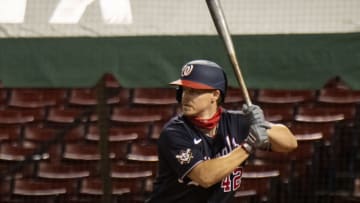 29: Brock Holt #27 of the Washington Nationals bats during his team debut during the ninth inning of a game against the Boston Red Sox on August 29, 2020 at Fenway Park in Boston, Massachusetts. The 2020 season had been postponed since March due to the COVID-19 pandemic. (Photo by Billie Weiss/Boston Red Sox/Getty Images)