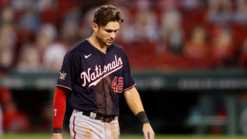 Trea Turner #42 of the Washington Nationals looks on during the fifth inning at Fenway Park on August 29, 2020 in Boston, Massachusetts. All players are wearing #42 in honor of Jackie Robinson Day. The day honoring Jackie Robinson, traditionally held on April 15, was rescheduled due to the COVID-19 pandemic. (Photo by Maddie Meyer/Getty Images)