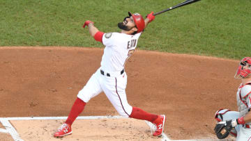 Adam Eaton #2 of the Washington Nationals takes a swing during a baseball game against the Philadelphia Phillies at Nationals Park on August 26, 2020 in Washington, DC. (Photo by Mitchell Layton/Getty Images)
