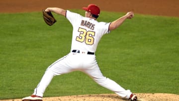 Will Harris #36 of the Washington Nationals pitches during a baseball game against the Philadelphia Phillies at Nationals Park on August 26, 2020 in Washington, DC. (Photo by Mitchell Layton/Getty Images)