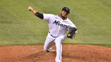 Yimi Garcia #93 of the Miami Marlins delivers a pitch in the ninth inning against the Toronto Blue Jays at Marlins Park on September 02, 2020 in Miami, Florida. (Photo by Mark Brown/Getty Images)
