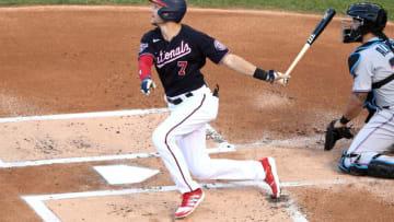 Trea Turner #7 of the Washington Nationals takes a swing during a baseball game against the Miami Marlins at Nationals Park on August 24, 2020 in Washington, DC. (Photo by Mitchell Layton/Getty Images)