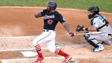 Howie Kendrick #47 of the Washington Nationals takes a swing during a baseball game against the Miami Marlins at Nationals Park on August 24, 2020 in Washington, DC. (Photo by Mitchell Layton/Getty Images)