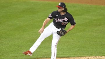 Kyle Finnegan #67 of the Washington Nationals pitches during a baseball game against the Miami Marlins at Nationals Park on August 24, 2020 in Washington, DC. (Photo by Mitchell Layton/Getty Images)