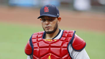 Yadier Molina #4 of the St Louis Cardinals looks on prior to a game against the Cincinnati Reds at Great American Ball Park on September 2, 2020 in Cincinnati, Ohio. The Reds won 4-3. (Photo by Joe Robbins/Getty Images)