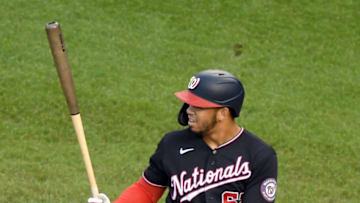 Luis Garcia #62 of the Washington Nationals prepares for a pitch during a baseball game against the Atlanta Braves at Nationals Park on September 12, 2020 in Washington, DC. (Photo by Mitchell Layton/Getty Images)