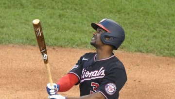 Michael A. Taylor #3 of the Washington Nationals takes a swing during a baseball game against the Atlanta Braves at Nationals Park on September 12, 2020 in Washington, DC. (Photo by Mitchell Layton/Getty Images)