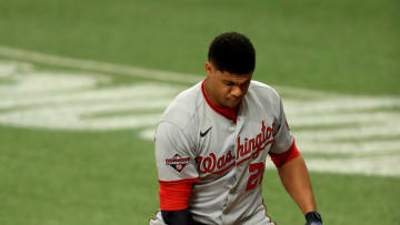 Juan Soto #22 of the Washington Nationals reacts to striking out in the first inning during a game against the Tampa Bay Rays at Tropicana Field on September 16, 2020 in St Petersburg, Florida. (Photo by Mike Ehrmann/Getty Images)