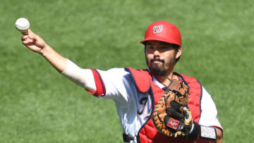 Kurt Suzuki #28 of the Washington Nationals warms up before a baseball game against the Atlanta Braves at Nationals Park on September 13, 2020 in Washington, DC. (Photo by Mitchell Layton/Getty Images)