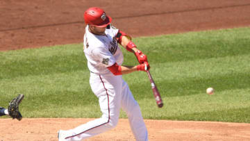WASHINGTON, DC - SEPTEMBER 13: Carter Kieboom #8 of the Washington Nationals takes a swing during a baseball game against the Atlanta Braves at Nationals Park on September 13, 2020 in Washington, DC. (Photo by Mitchell Layton/Getty Images)