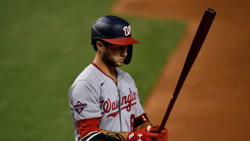 Carter Kieboom #8 of the Washington Nationals bats against the Miami Marlins at Marlins Park on September 18, 2020 in Miami, Florida. (Photo by Mark Brown/Getty Images)