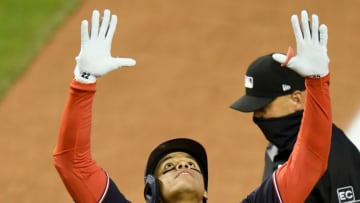 Juan Soto #22 of the Washington Nationals celebrates after hitting a three-run home run in the third inning against the Philadelphia Phillies during the second game of a doubleheader at Nationals Park on September 22, 2020 in Washington, DC. (Photo by G Fiume/Getty Images)