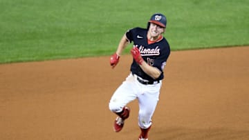 Andrew Stevenson #17 of the Washington Nationals runs the bases against the Philadelphia Phillies during the second game of a doubleheader at Nationals Park on September 22, 2020 in Washington, DC. (Photo by G Fiume/Getty Images)