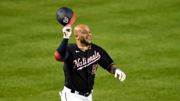 Yadiel Hernandez #29 of the Washington Nationals celebrates after hitting the game winning two-run home run for his first career MLB home run in the eighth inning against the Philadelphia Phillies during the second game of a doubleheader at Nationals Park on September 22, 2020 in Washington, DC. (Photo by G Fiume/Getty Images)