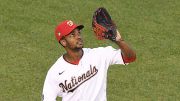 Michael A. Taylor #3 of the Washington Nationals prepares to catch a fly ball during a baseball game against the Philadelphia Phillies at Nationals Park on September 23, 2020 in Washington, DC. (Photo by Mitchell Layton/Getty Images)