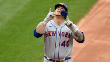 Wilson Ramos #40 of the New York Mets celebrates after hitting a two-run home run in the third inning against the Washington Nationals during game 1 of a double header at Nationals Park on September 26, 2020 in Washington, DC. (Photo by G Fiume/Getty Images)