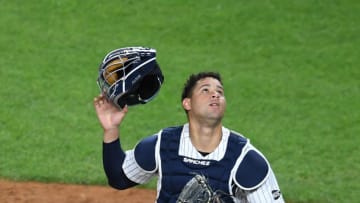 Gary Sanchez #24 of the New York Yankees looks for the ball during the fifth inning against the Toronto Blue Jays at Yankee Stadium on September 15, 2020 in the Bronx borough of New York City. The Yankees won 20-6. (Photo by Sarah Stier/Getty Images)