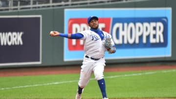 Third baseman Maikel Franco #7 of the Kansas City Royals throws to first in the fifth inning against the Detroit Tigers at Kauffman Stadium on September 26, 2020 in Kansas City, Missouri. (Photo by Ed Zurga/Getty Images)