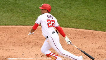 Juan Soto #22 of the Washington Nationals takes a swing during a baseball game against the New York Mets at Nationals Park on September 27, 2020 in Washington, DC. (Photo by Mitchell Layton/Getty Images)