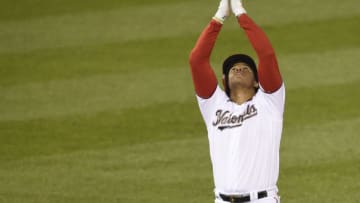 WASHINGTON, DC - SEPTEMBER 24: Juan Soto #22 of the Washington Nationals celebrates after hitting a double in the sixth inning against the New York Mets at Nationals Park on September 24, 2020 in Washington, DC. (Photo by Patrick McDermott/Getty Images)