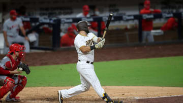 SAN DIEGO, CA - SEPTEMBER 22: Mitch Moreland #18 of the San Diego Padres looks on during the game against the Los Angeles Angels at Petco Park on September 22, 2020 in San Diego, California. The Angels defeated the Padres 4-2. (Photo by Rob Leiter/MLB Photos via Getty Images)