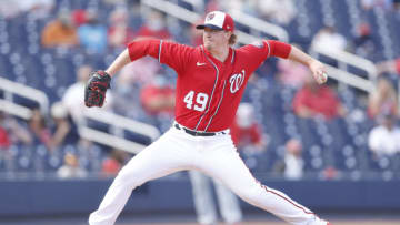WEST PALM BEACH, FLORIDA - MARCH 10: Sam Clay #49 of the Washington Nationals delivers a pitch against the St. Louis Cardinals during the fourth inning of a Grapefruit League spring training game at FITTEAM Ballpark of The Palm Beaches on March 10, 2021 in West Palm Beach, Florida. (Photo by Michael Reaves/Getty Images)