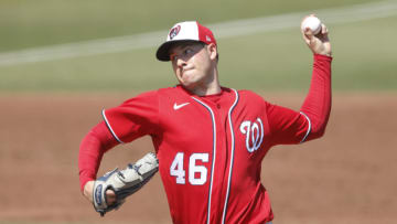 Patrick Corbin #46 of the Washington Nationals delivers a pitch against the Miami Marlins during the first inning of a Grapefruit League spring training game at Roger Dean Chevrolet Stadium on March 11, 2021 in Jupiter, Florida. (Photo by Michael Reaves/Getty Images)
