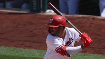 Luis Garcia #2 of the Washington Nationals bat against the Atlanta Braves in game one of a doubleheader at Nationals Park on April 7, 2021 in Washington, DC. (Photo by Patrick Smith/Getty Images)