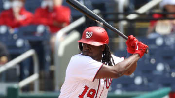 Josh Bell #19 of the Washington Nationals bats against the Arizona Diamondbacks at Nationals Park on April 17, 2021 in Washington, DC. (Photo by Rob Carr/Getty Images)