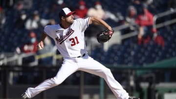 Max Scherzer #31 of the Washington Nationals pitches against the St. Louis Cardinals in the second inning at Nationals Park on April 21, 2021 in Washington, DC. (Photo by Patrick McDermott/Getty Images)