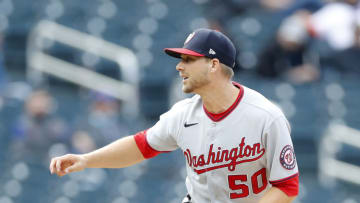 Austin Voth #50 of the Washington Nationals in action against the New York Mets at Citi Field on April 25, 2021 in New York City. The Mets defeated the Nationals 4-0. (Photo by Jim McIsaac/Getty Images)