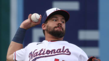 Kyle Schwarber #12 of the Washington Nationals fields against the Atlanta Braves at Nationals Park on May 4, 2021 in Washington, DC. (Photo by Patrick Smith/Getty Images)