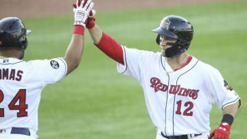 RCarter Kieboom #12 of the Rochester Red Wings celebrates a home run in the first inning against the Scranton/Wilkes-Barre RailRiders at Frontier Field on May 18, 2021 in Rochester, New York. (Photo by Joshua Bessex/Getty Images)
