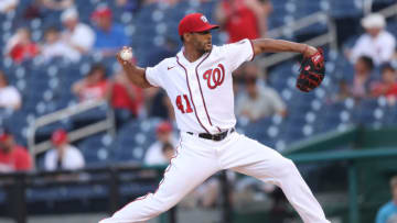 Starting pitcher Joe Ross #41 of the Washington Nationals works the first inning against the Cincinnati Reds at Nationals Park on May 26, 2021 in Washington, DC. (Photo by Patrick Smith/Getty Images)