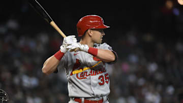 Lane Thomas #35 of the St Louis Cardinals gets ready in the batters box against the Arizona Diamondbacks at Chase Field on May 30, 2021 in Phoenix, Arizona. (Photo by Norm Hall/Getty Images)