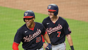 Juan Soto #22 of the Washington Nationals reacts with Trea Turner #7 after hitting a two-run homer in the eighth inning against the Atlanta Braves at Truist Park on June 01, 2021 in Atlanta, Georgia. (Photo by Kevin C. Cox/Getty Images)