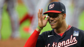 Juan Soto #22 of the Washington Nationals reacts after their 5-3 win over the Atlanta Braves at Truist Park on June 02, 2021 in Atlanta, Georgia. (Photo by Kevin C. Cox/Getty Images)