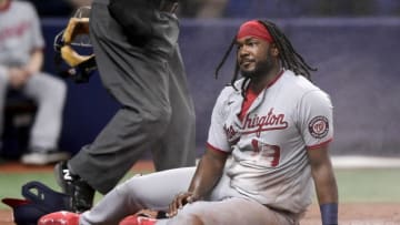 Josh Bell #19 of the Washington Nationals reacts after being tagged out at home plate by Mike Zunino #10 of the Tampa Bay Rays (not pictured) during the seventh inning at Tropicana Field on June 08, 2021 in St Petersburg, Florida. (Photo by Douglas P. DeFelice/Getty Images)