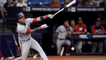 Starlin Castro #13 of the Washington Nationals swings at a pitch during the seventh inning against the Tampa Bay Rays at Tropicana Field on June 08, 2021 in St Petersburg, Florida. (Photo by Douglas P. DeFelice/Getty Images)