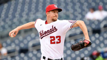 Erick Fedde #23 of the Washington Nationals pitches against the San Francisco Giants during the first inning of game one of a doubleheader at Nationals Park on June 12, 2021 in Washington, DC. (Photo by Will Newton/Getty Images)